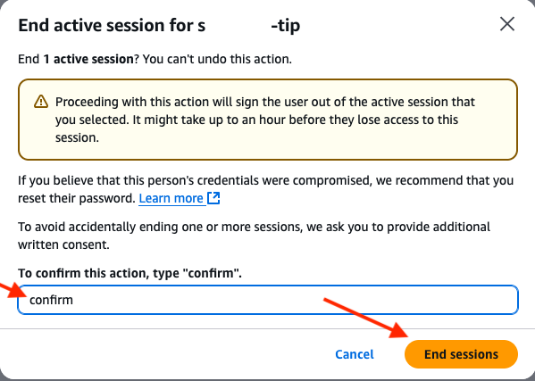 screenshot showing how to end a user interactive session from iam identity center console