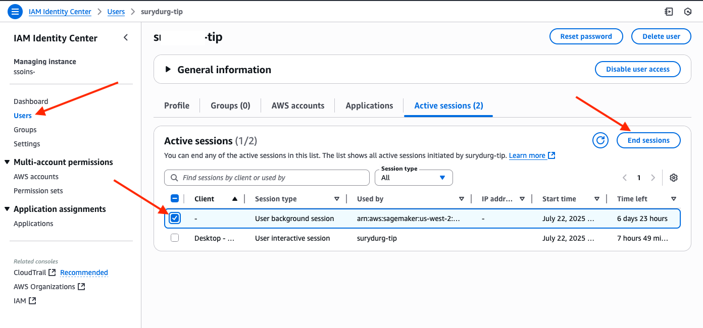 screenshot showing list of active sessions in iam identity center console