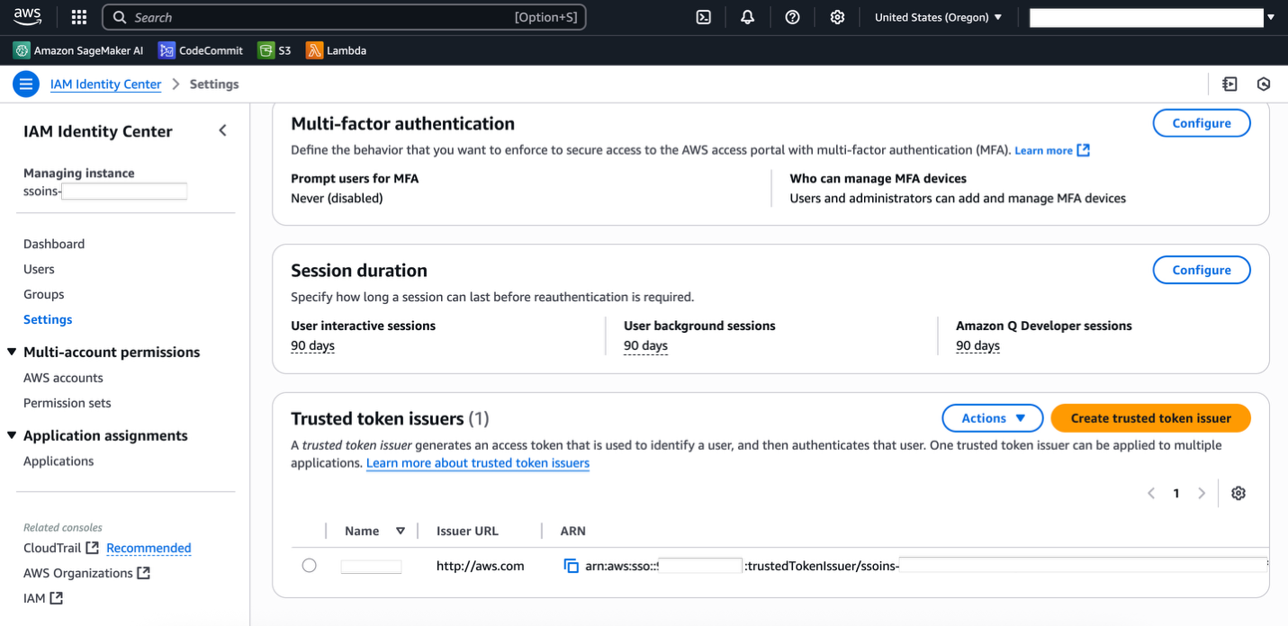 iam identity center console screenshot showing edit button for configuring interactive sessions