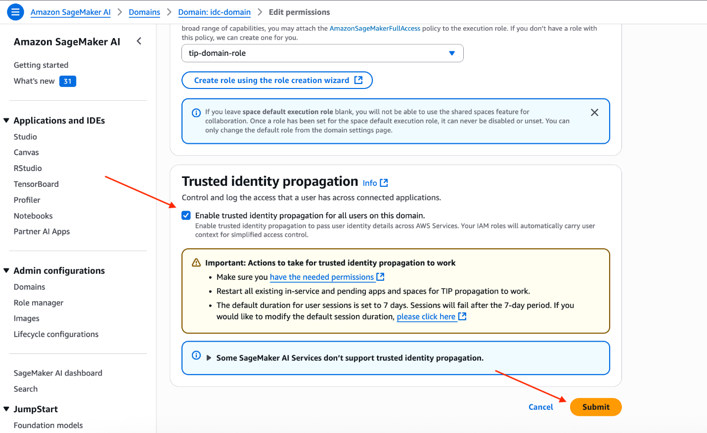 screenshot showing update domain settings to enable trusted identity propagation