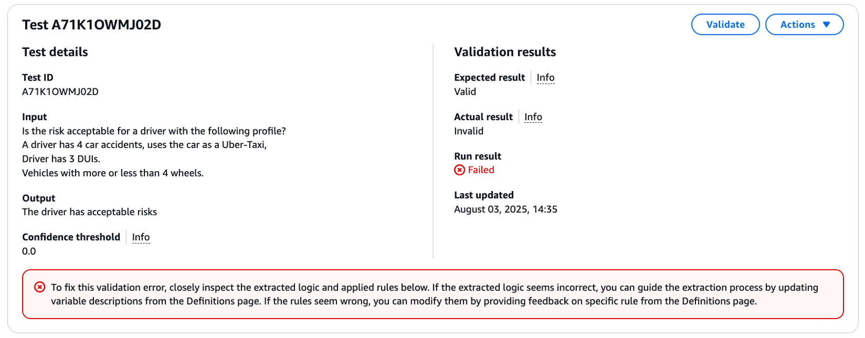 validation result Invalid case - Underwriting Auto
