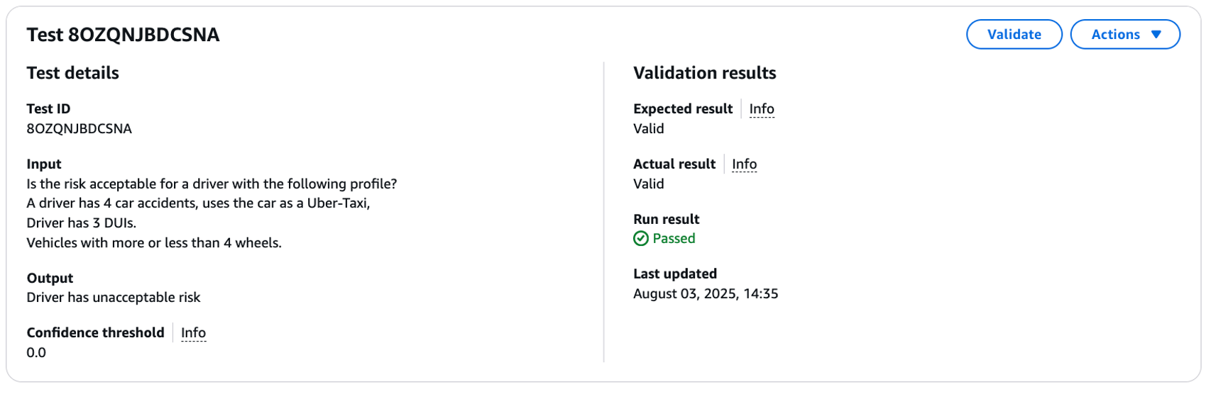 validation result Valid case - Underwriting Auto