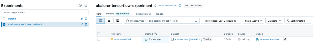 MLflow dashboard with abalone-tensorflow experiment status, metrics, and dataset tracking