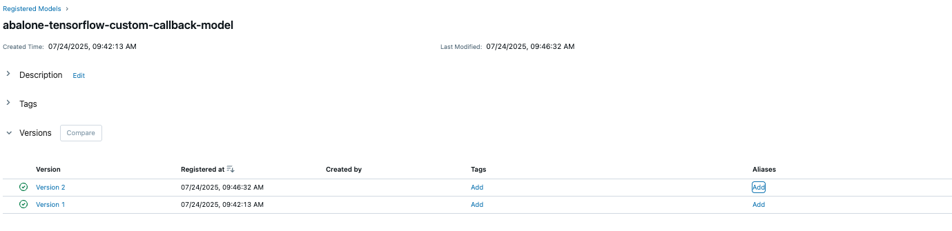 MLflow model registry interface showing version history, creation timestamps, and management options for abalone model