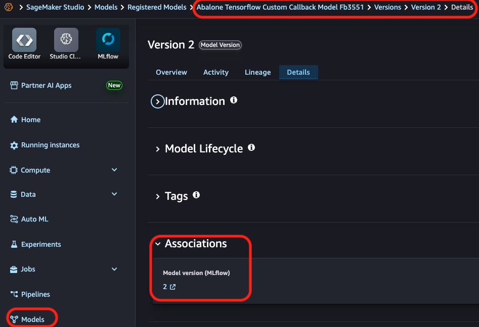 SageMaker Studio interface showing Abalone TensorFlow model version 2 details with MLflow integration