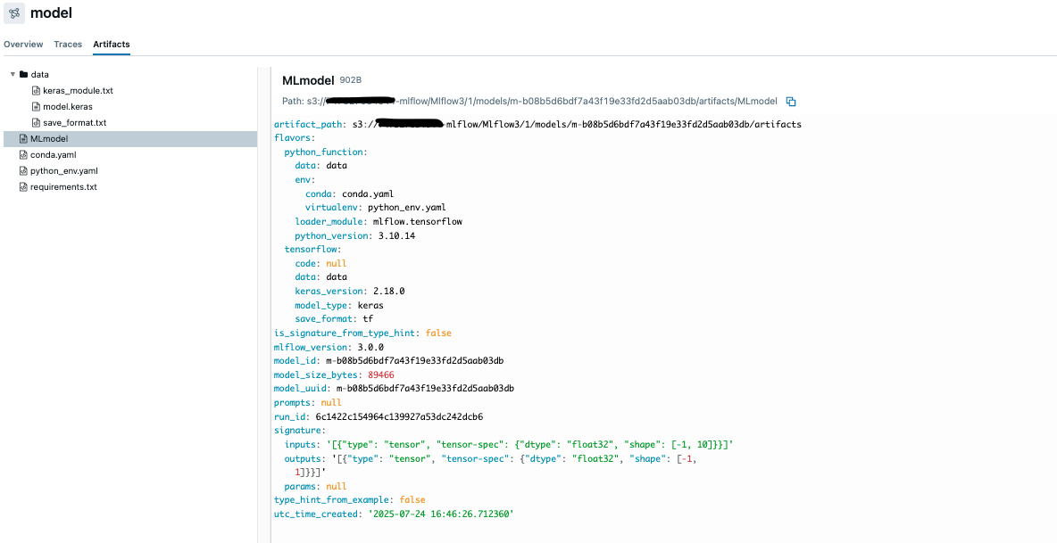 MLflow model configuration details showing Python environment and TensorFlow specifications