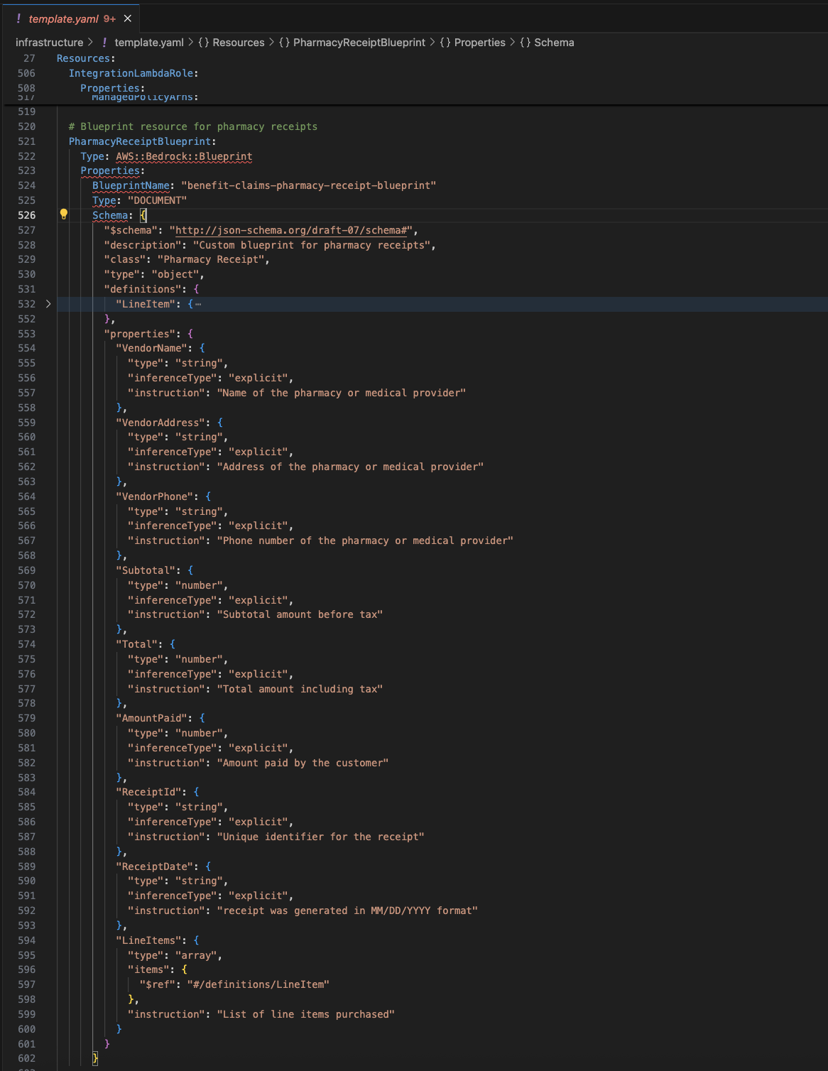 Image showing “benefit-claims-pharmacy-receipt-blueprint” custom blueprint schema