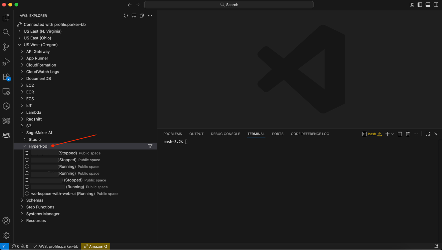 Screenshot showing AWS Toolkit for VS Code and HyperPod Spaces