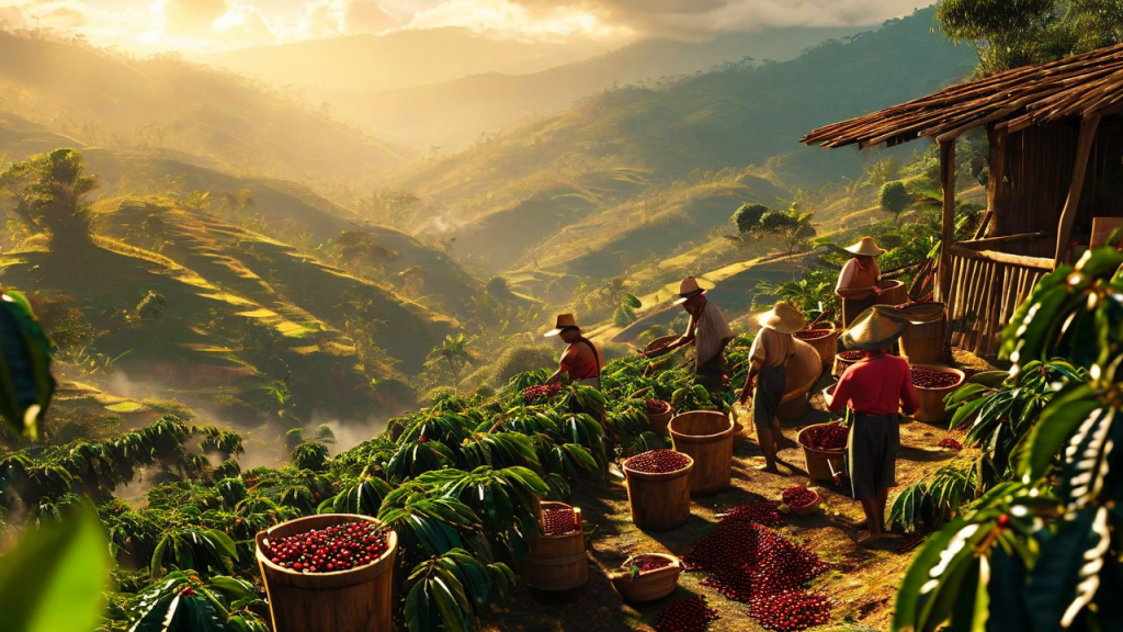 Traditional coffee harvesting in mountainous terrain, showing filled baskets of fresh cherries amid morning light and rolling landscape