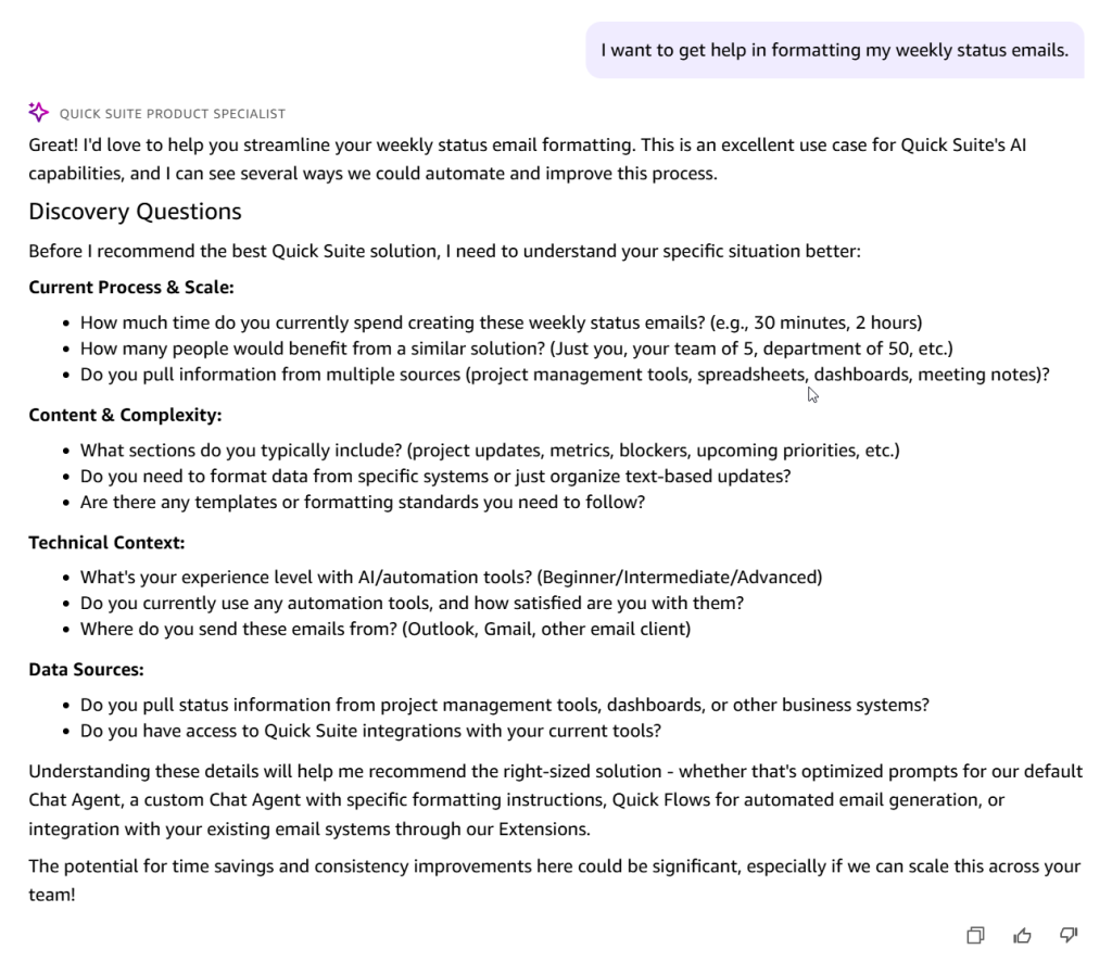 QS Product Specialist agent response 1