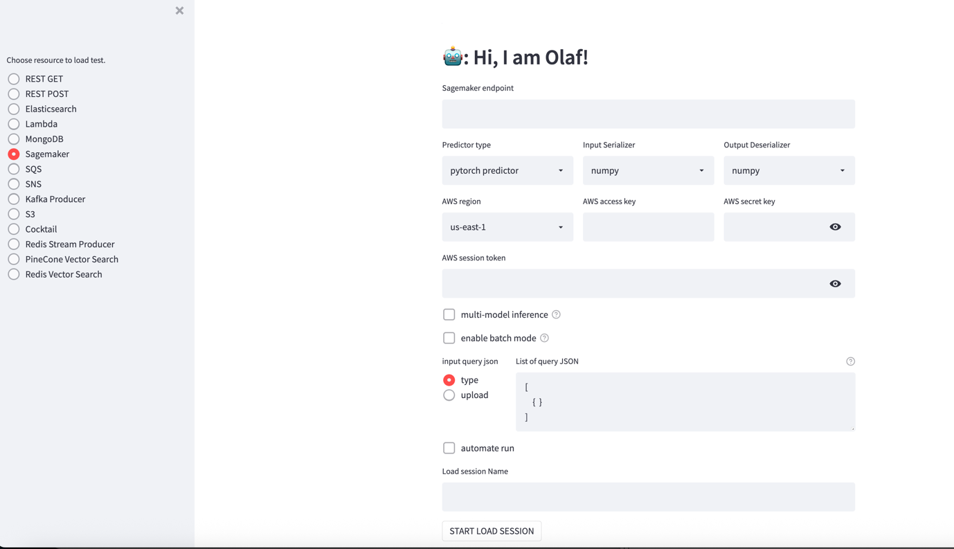 Landing page for Olaf testing tool with AWS service selection options