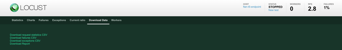 Locust test summary screen for displaying final metrics and CSV download capabilities