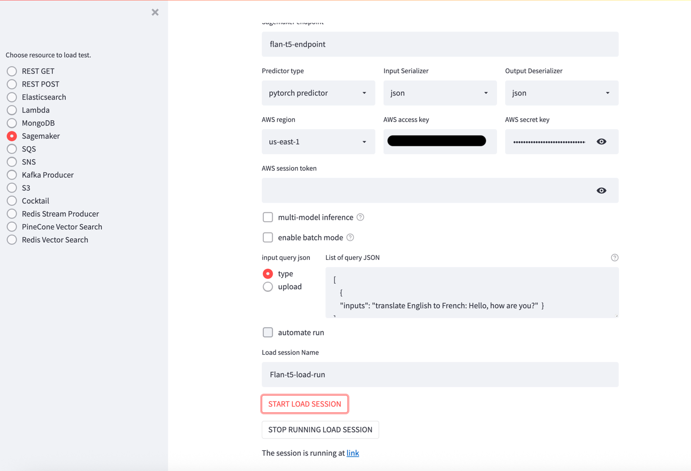 SageMaker endpoint load testing configuration page with PyTorch predictor settings