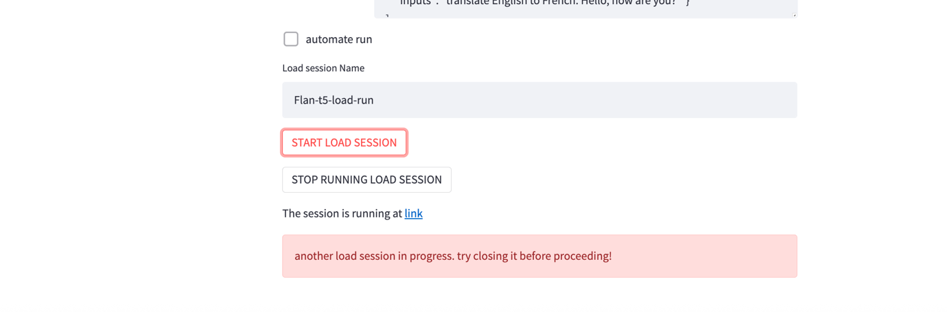 Load test interface with "Session already running" warning and active session link