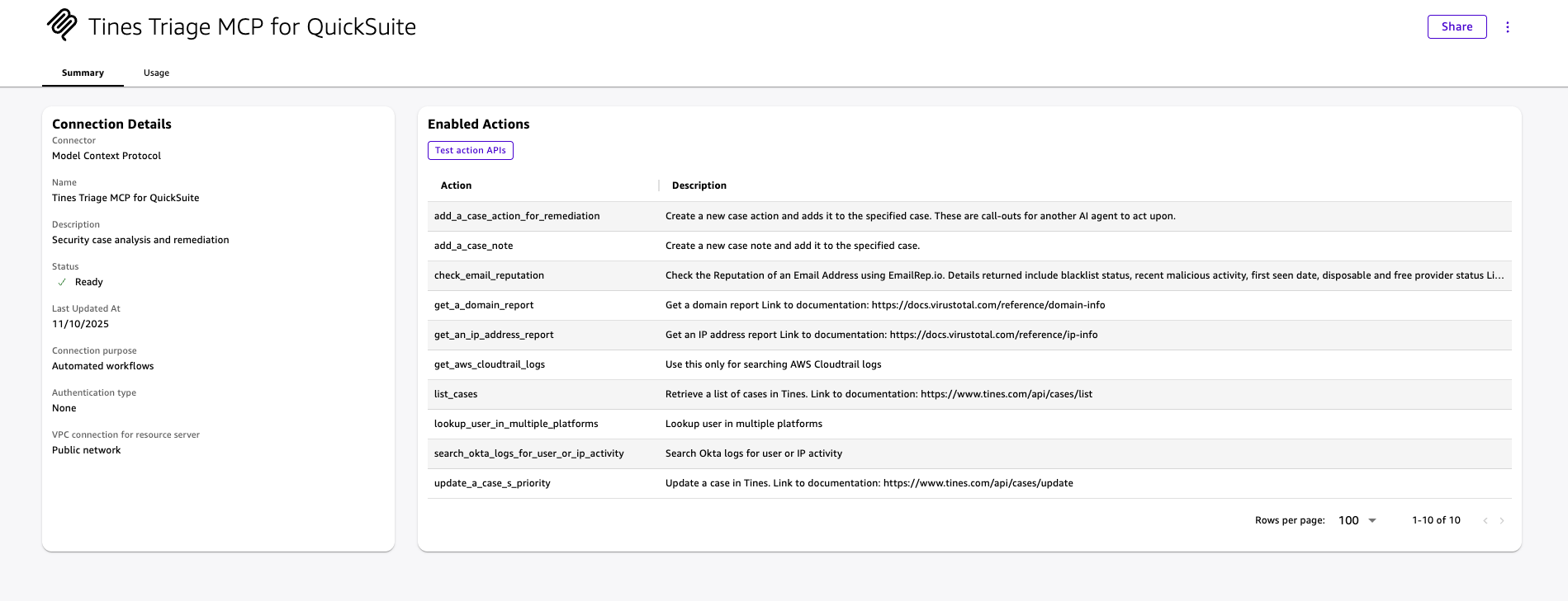 Tines Triage MCP integration summary page displaying connection details, enabled actions for security case analysis and remediation, including threat intelligence lookups, AWS CloudTrail log searches, and multi-platform user investigations