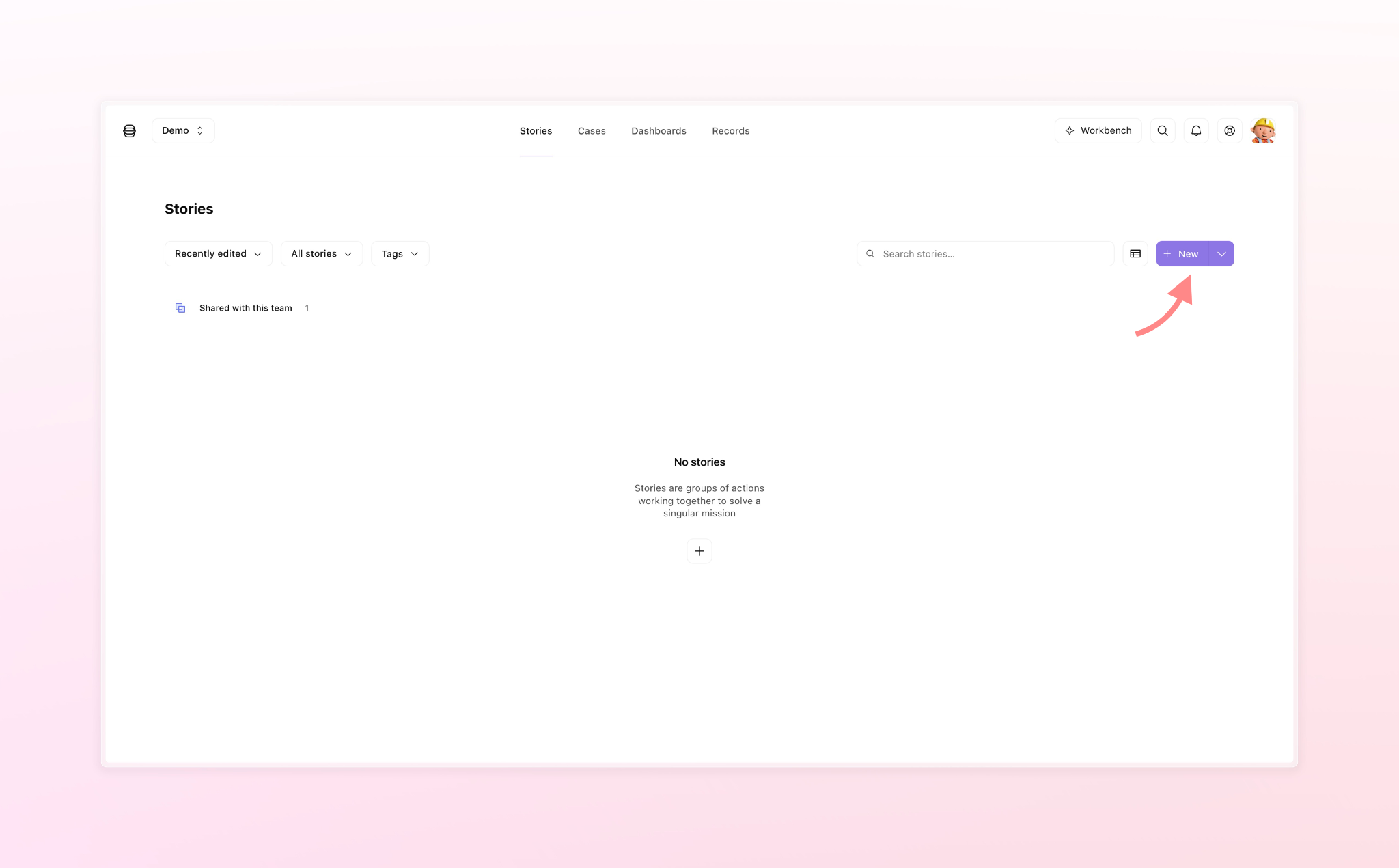 Demo application Stories section empty state interface with navigation menu and create new story button
