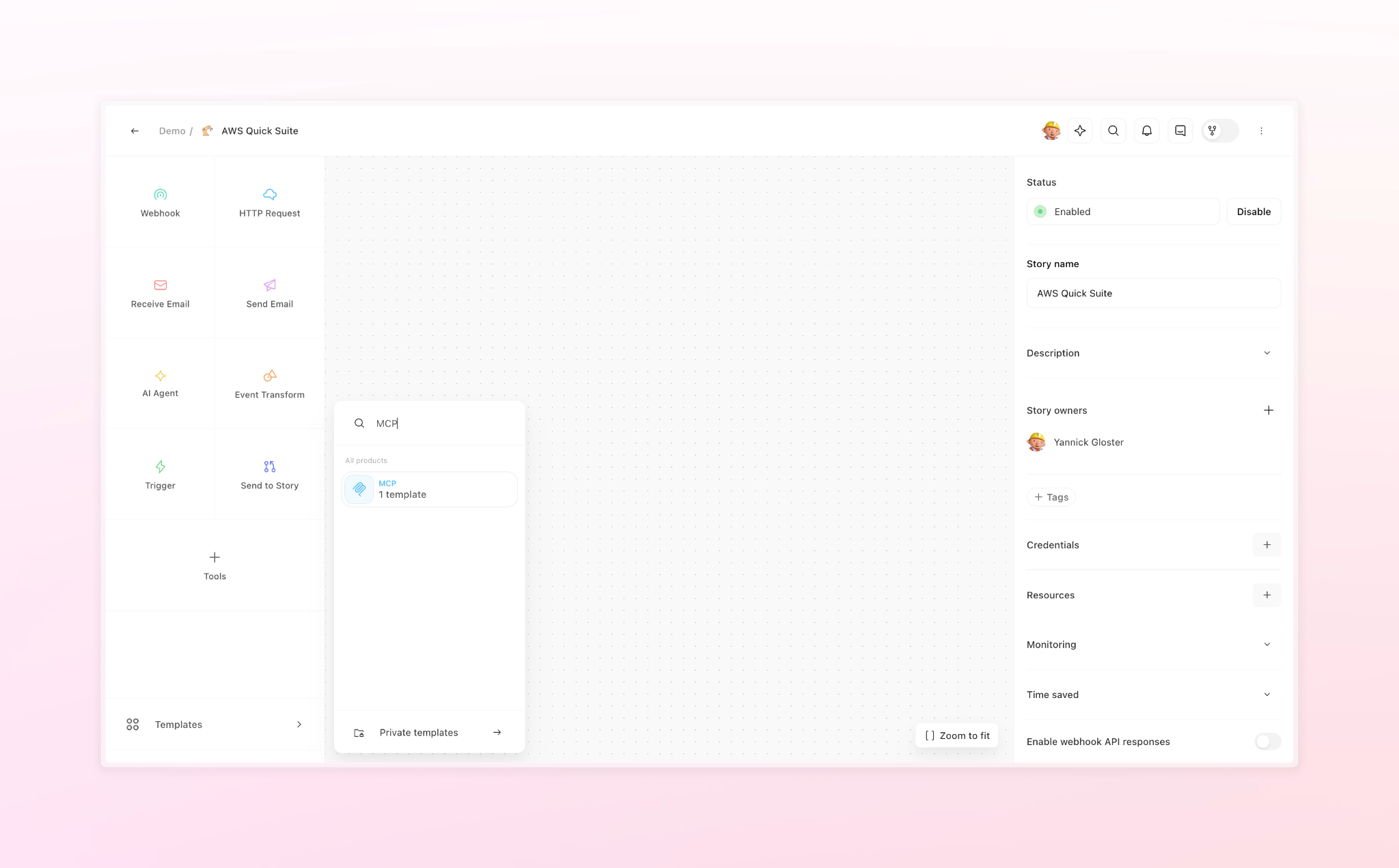 This screenshot displays the AWS Quick Suite workflow automation configuration interface within a demo environment. The interface features a three-panel layout designed for building, searching, and configuring automated workflows with various integration tools.