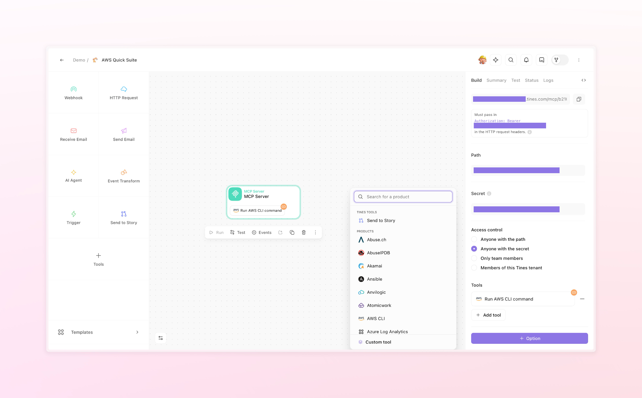 AWS Quick Suite interface showing MCP Server configuration with workflow tools, access control settings, and AWS CLI integration.