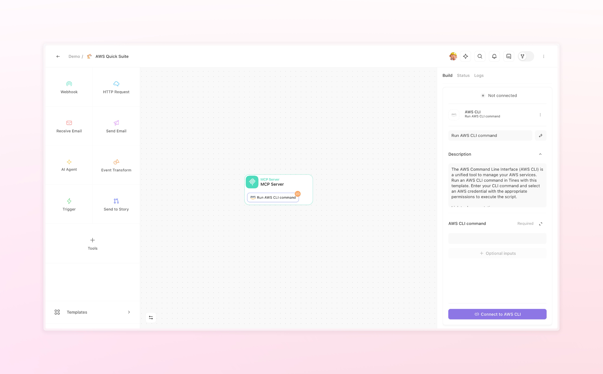 AWS Quick Suite workflow builder interface showing integration tools grid on left (Webhook, HTTP Request, Email tools, AI Agent, Event Transform, Trigger, Send to Story), MCP Server component in center connected to "Run AWS CLI command" action, and configuration panel on right displaying AWS CLI setup with "Not connected" status and "Connect to AWS CLI" button.