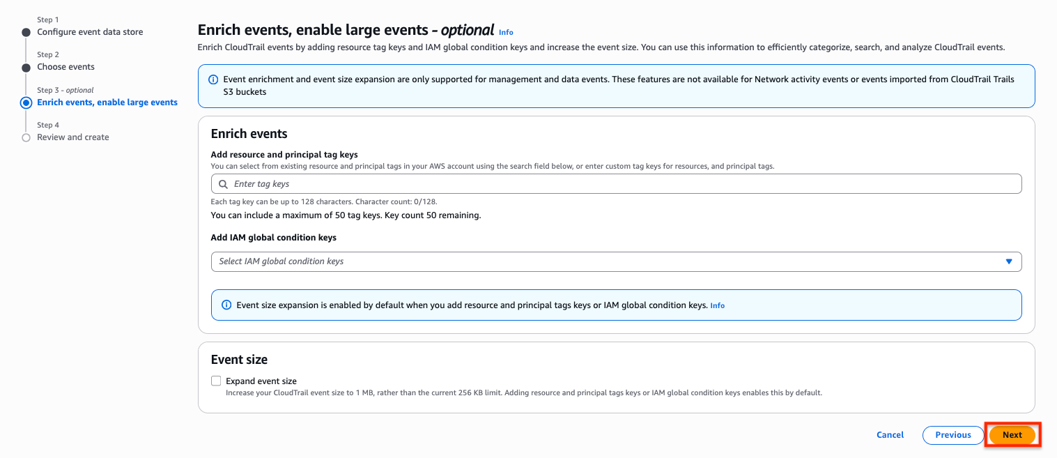 AWS CloudTrail Lake event data store setup wizard Step 3 (optional) for enriching events, showing options to add up to 50 resource tag keys and IAM global condition keys, and a checkbox to expand event size from 256 KB to 1 MB.