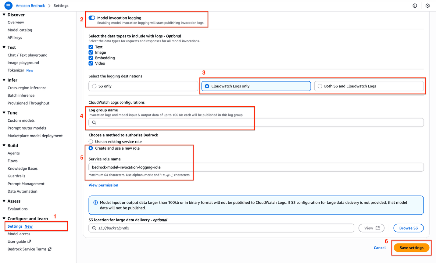 Amazon Bedrock Settings page for configuring Model Invocation Logging, with CloudWatch Logs selected as the destination, all data types enabled (Text, Image, Embedding, Video), and a new service role being created named bedrock-model-invocation-logging-role.