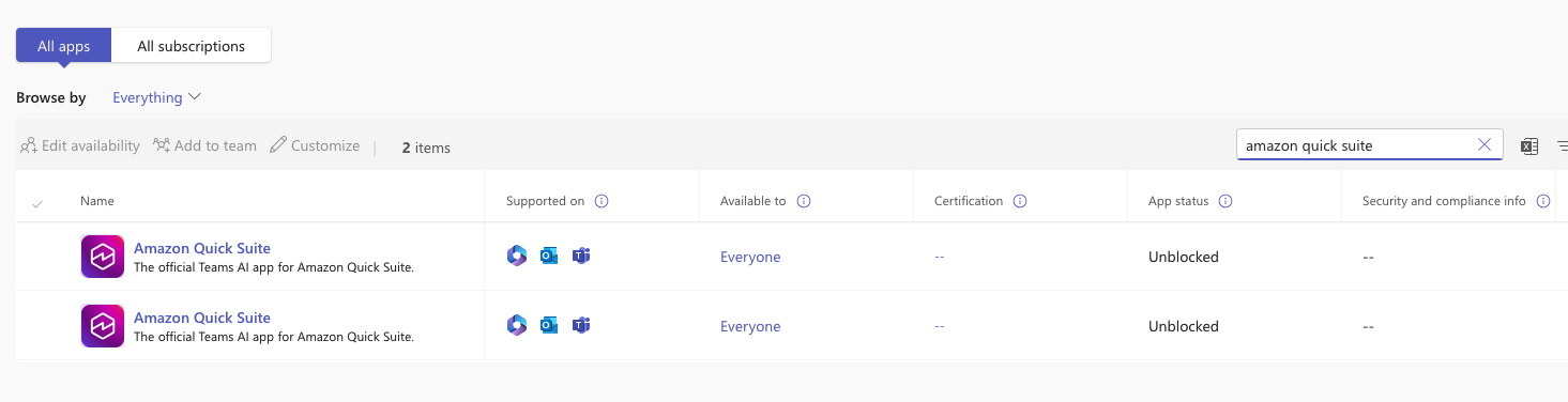 Microsoft Teams admin center app management table showing two Amazon Quick entries available to "Everyone" with "Unblocked" status, filtered by search query "amazon quick".