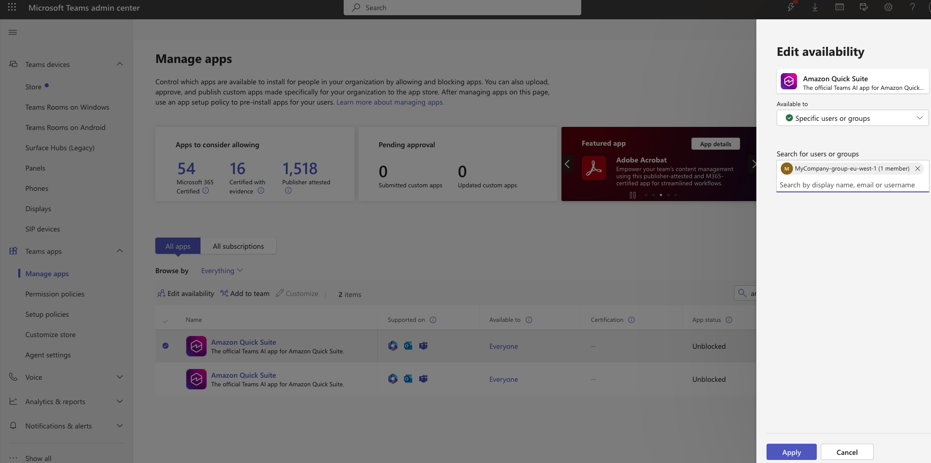 Microsoft Teams admin center Manage Apps page showing two Amazon Quick app entries with "Unblocked" status, and Edit availability side panel open with "Specific users or groups" selected and MyCompany-group-eu-west-1 (1 member) configured.