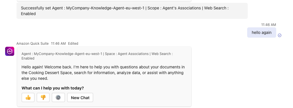 Amazon Quick chat interface showing MyCompany-Knowledge-Agent-eu-west-1 active with Agent's Associations scope and Web Search enabled, displaying welcome message "Hello again! Welcome back" with thumbs up/down feedback buttons and New Chat option.