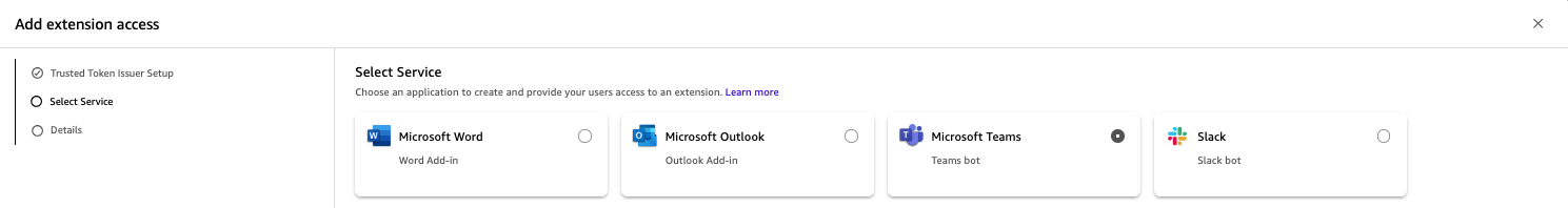 Add extension access wizard Step 2 showing four Microsoft 365 service options — Word Add-in, Outlook Add-in, Teams bot (selected), and Slack bot — for creating extension access.