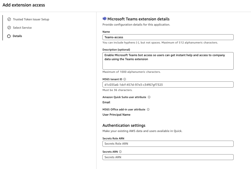 Add extension access Details step showing Microsoft Teams extension configuration form with Name "Teams-access", M365 Tenant ID, Email-to-User Principal Name attribute mapping, and Authentication settings fields for Secrets Role ARN and Secrets ARN.