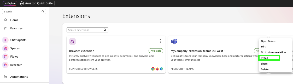 Amazon Quick Extensions page showing Browser-extension marked "Available" and MyCompany-extension-teams-eu-west-1 for Microsoft Teams, with context menu displaying Install option highlighted in green.