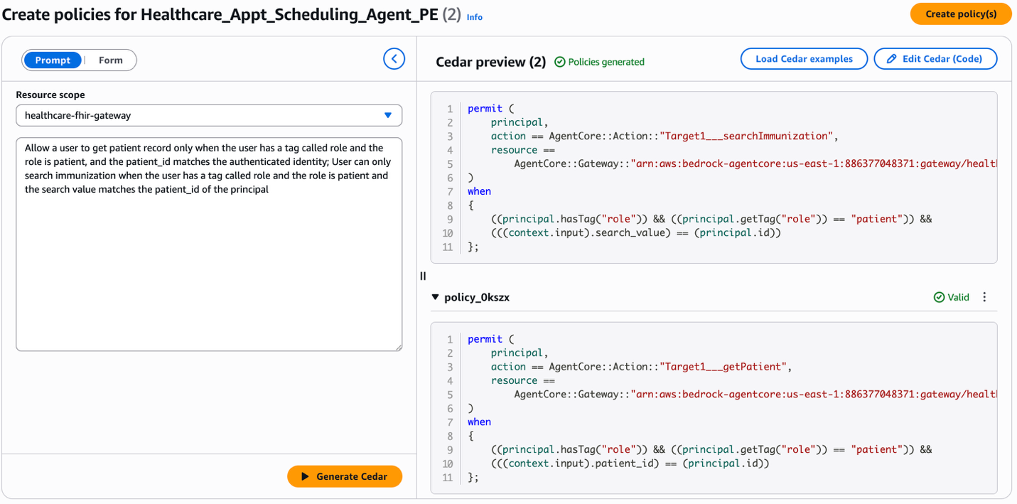 console view of using NL2Cedar for creatingidentity based policies