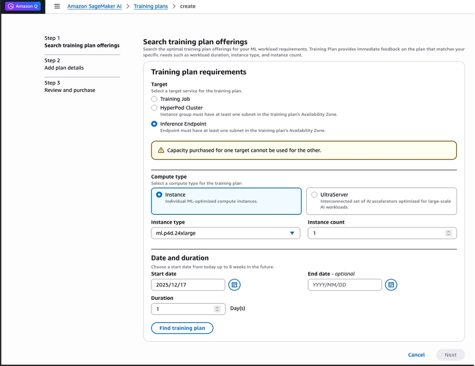 Figure 2: Step A - Search training plan offerings with Inference Endpoint target