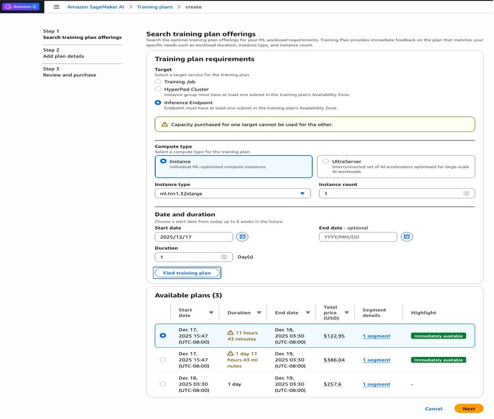 Figure 3: Available training plan offerings with pricing and availability details