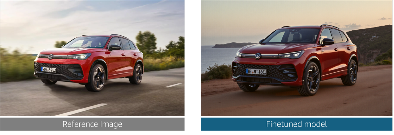Side-by-side comparison of base model output versus fine-tuned model output, showing improved accuracy in vehicle details such as grille textures and wheel designs