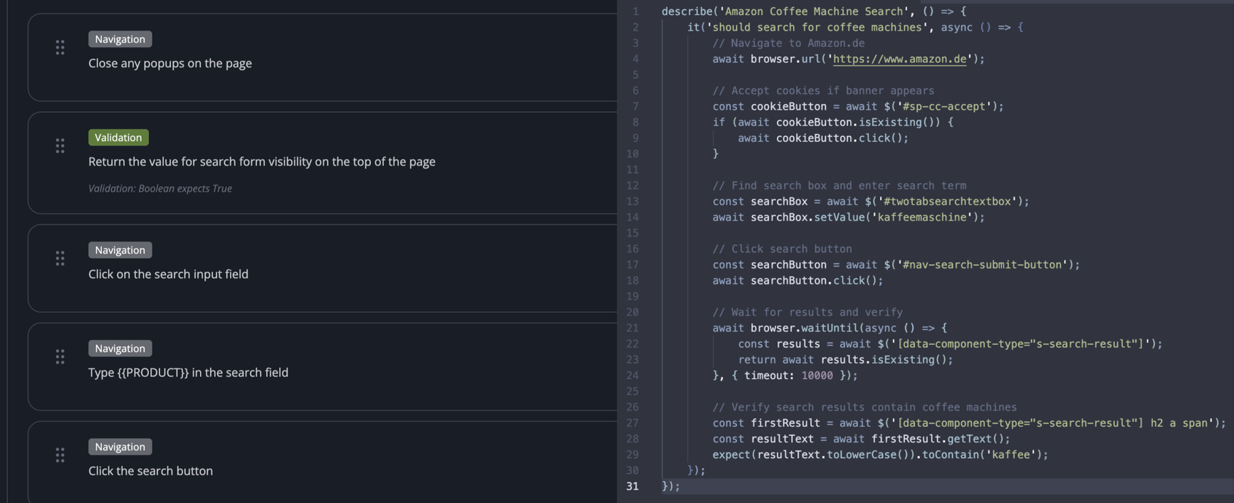 Figure 3 – A test in the QA Studio vs the equivalent traditional test automation code