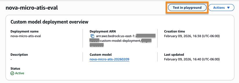 AWS Bedrock console screenshot showing the Custom Model Deployment Overview page for "nova-micro-atis-eval" deployment with active status, creation timestamp, and associated custom model details.