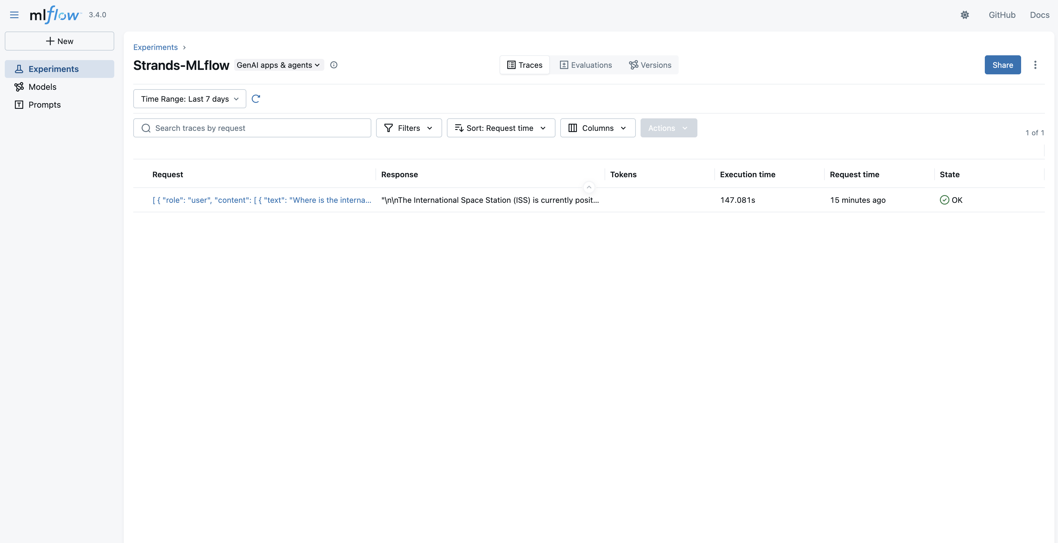 MLflow 3.4.0 Strands-MLflow experiment dashboard showing GenAI agent traces with execution time and status metrics