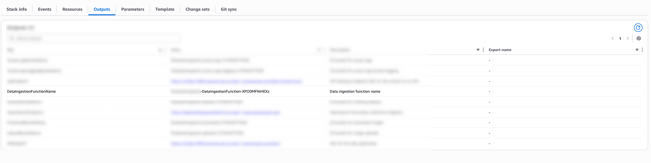 AWS CloudFormation stack Outputs tab displaying data ingestion function configuration with highlighted Lambda function ARN and resource names