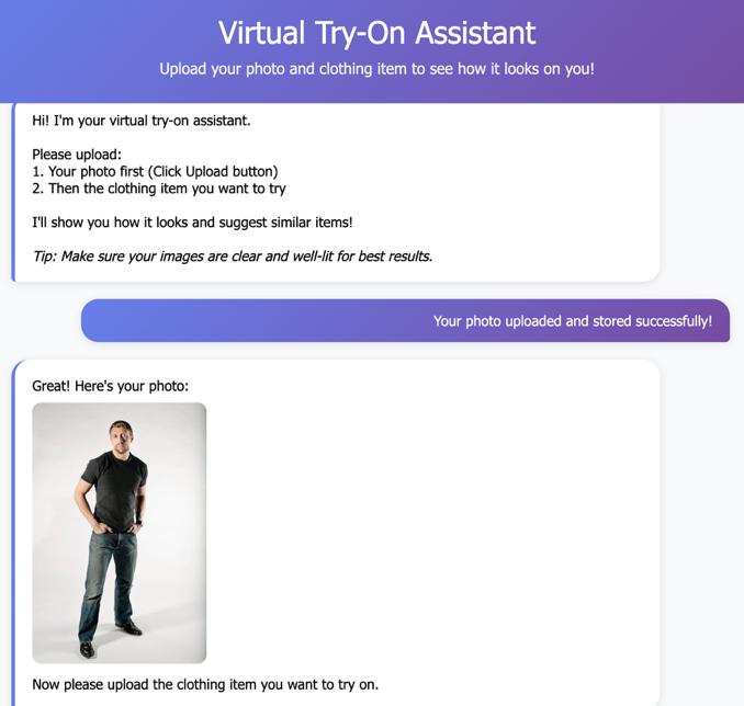 Virtual Try-On Assistant interface showing user photo upload confirmation with man in black polo shirt and jeans displayed as reference photo