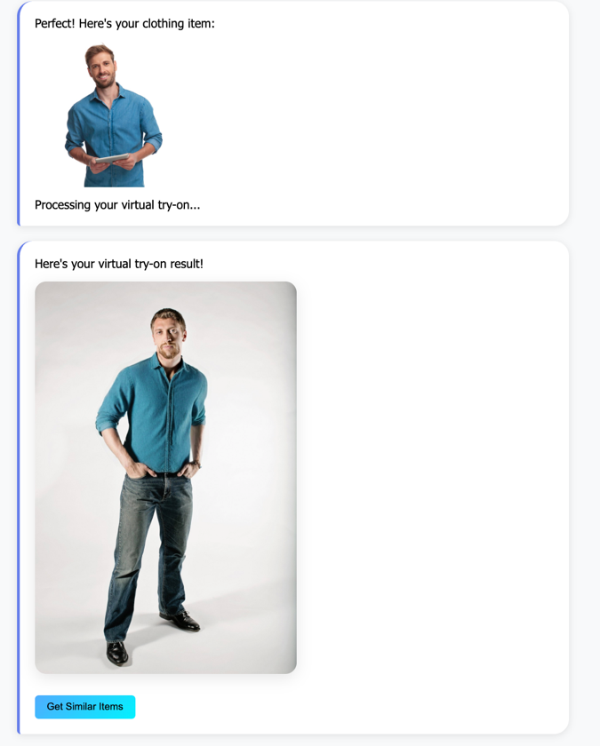 Virtual try-on interface showing before and after: customer photo with blue shirt being processed, then AI-generated full-body result wearing teal button-up shirt and jeans