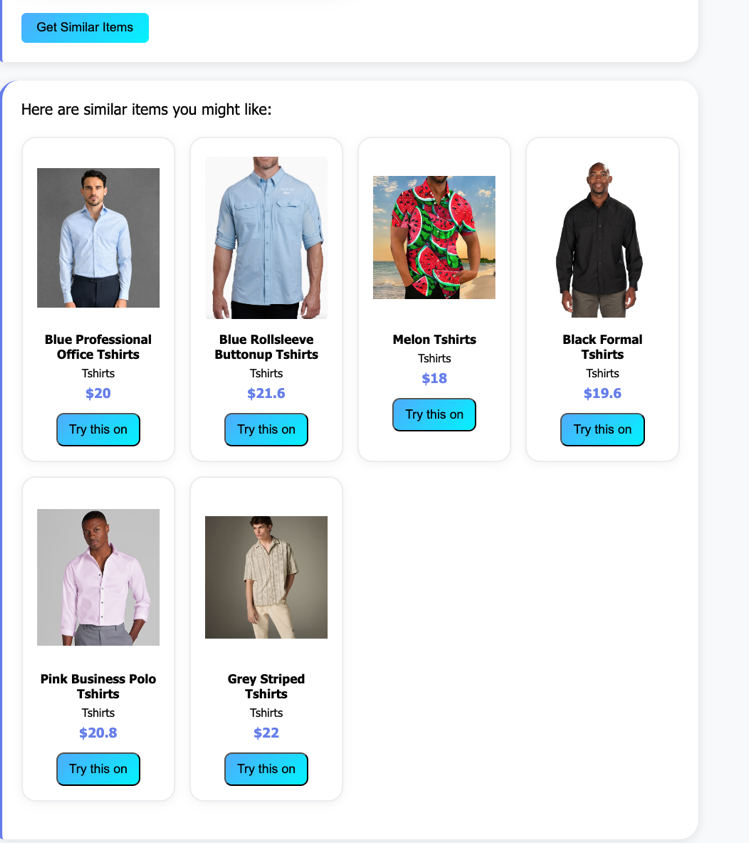 Product recommendation grid showing six men's shirt options with prices ranging from $18 to $22, each with a "Try this on" button and "Get Similar Items" option at top