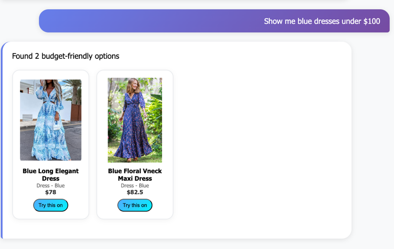Virtual try-on search results showing two blue dresses under $100 with "Try this on" buttons for augmented reality fitting