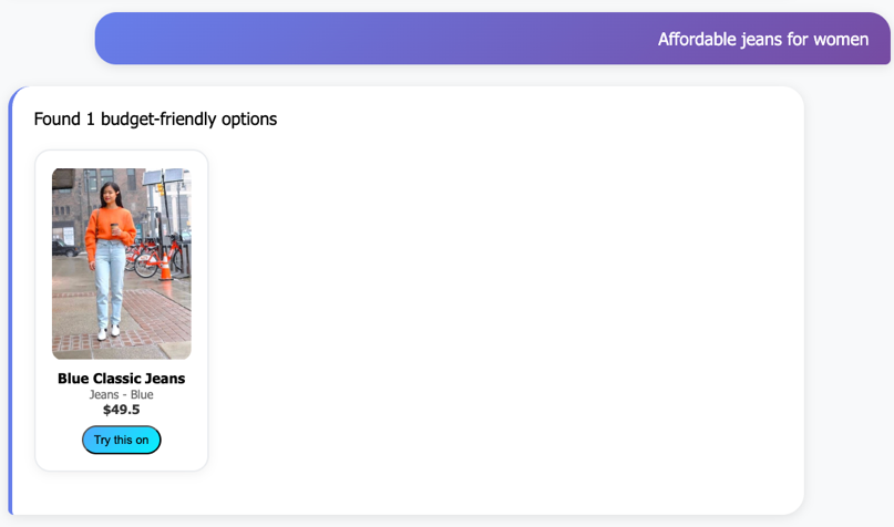 Woman wearing orange sweater and blue classic jeans standing on urban sidewalk, product listing showing price $49.50 with "Try this on" button