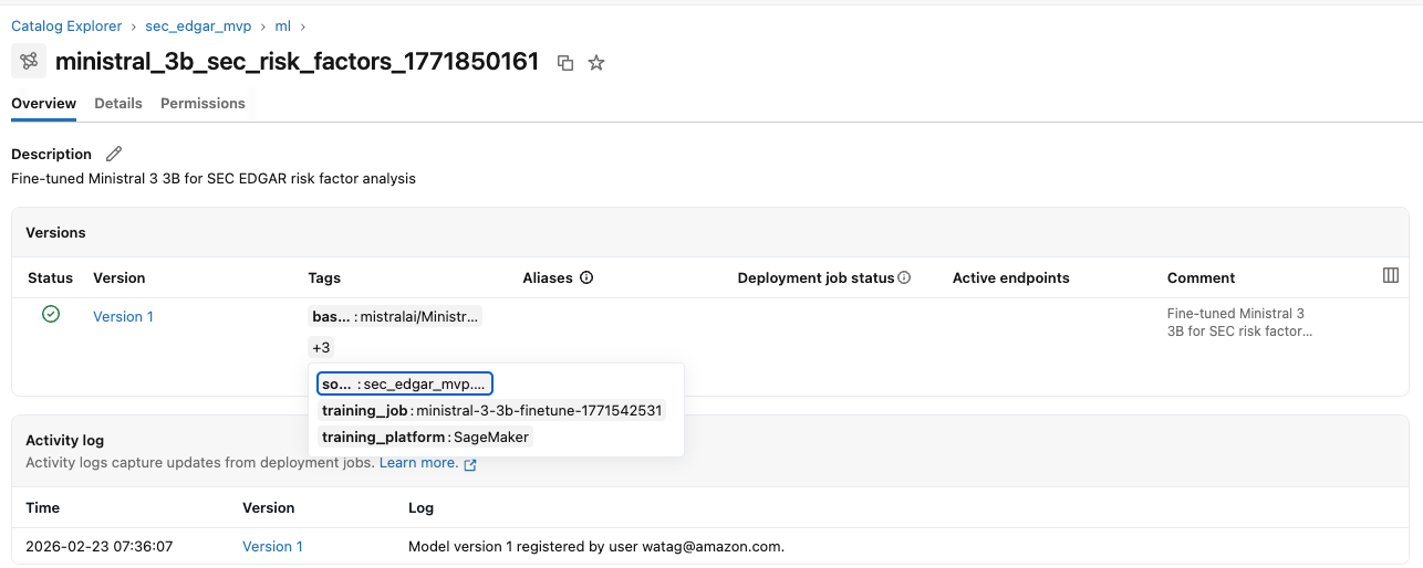 Databricks Unity Catalog model registry showing Version 1 of the ministral_3b_sec_risk_factors model fine-tuned for SEC EDGAR risk factor analysis.