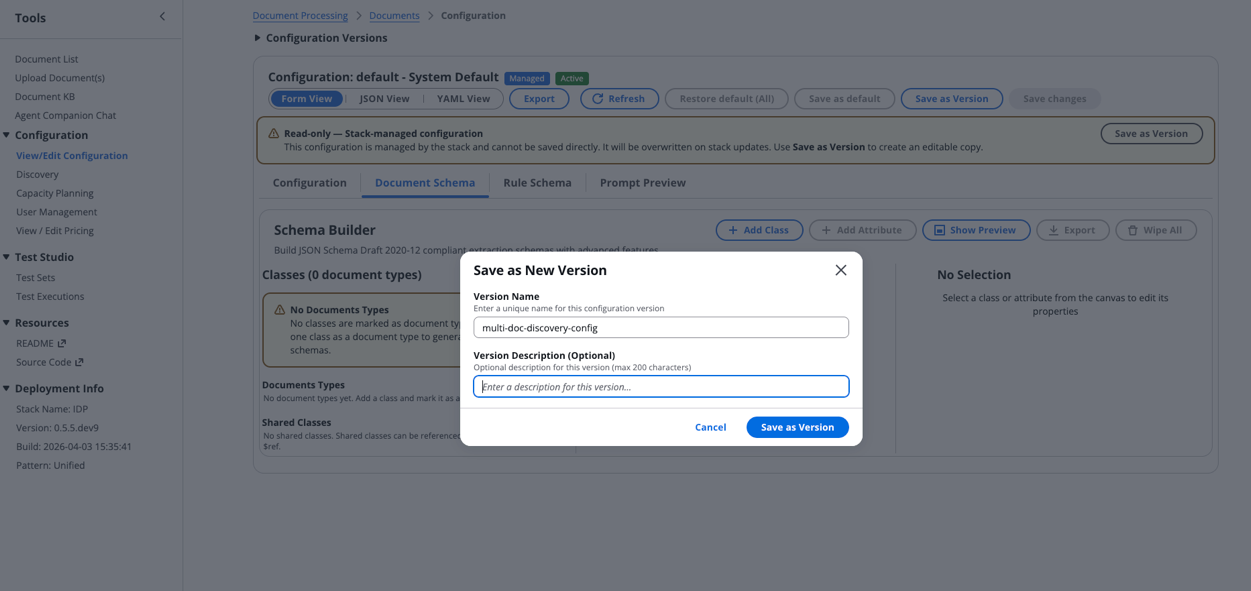 Screenshot of the AWS IDP Document Processing Configuration console showing the Document Schema tab with a "Save as New Version" modal dialog, where the version name "multi-doc-discovery-config" is entered.