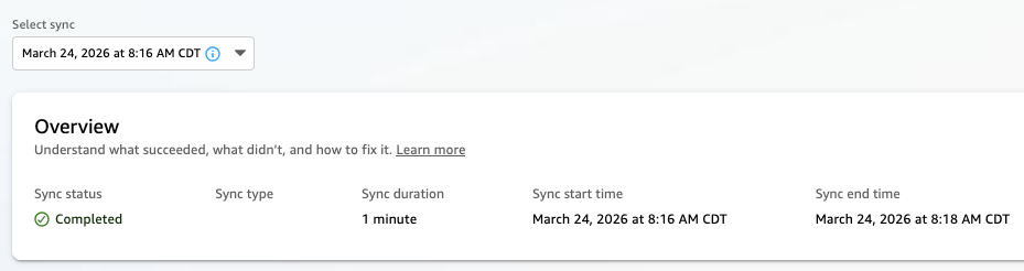 Sync status overview showing a completed sync operation with a 1-minute duration, starting March 24, 2026 at 8:16 AM CDT and ending at 8:18 AM CDT, with a green checkmark status indicator.