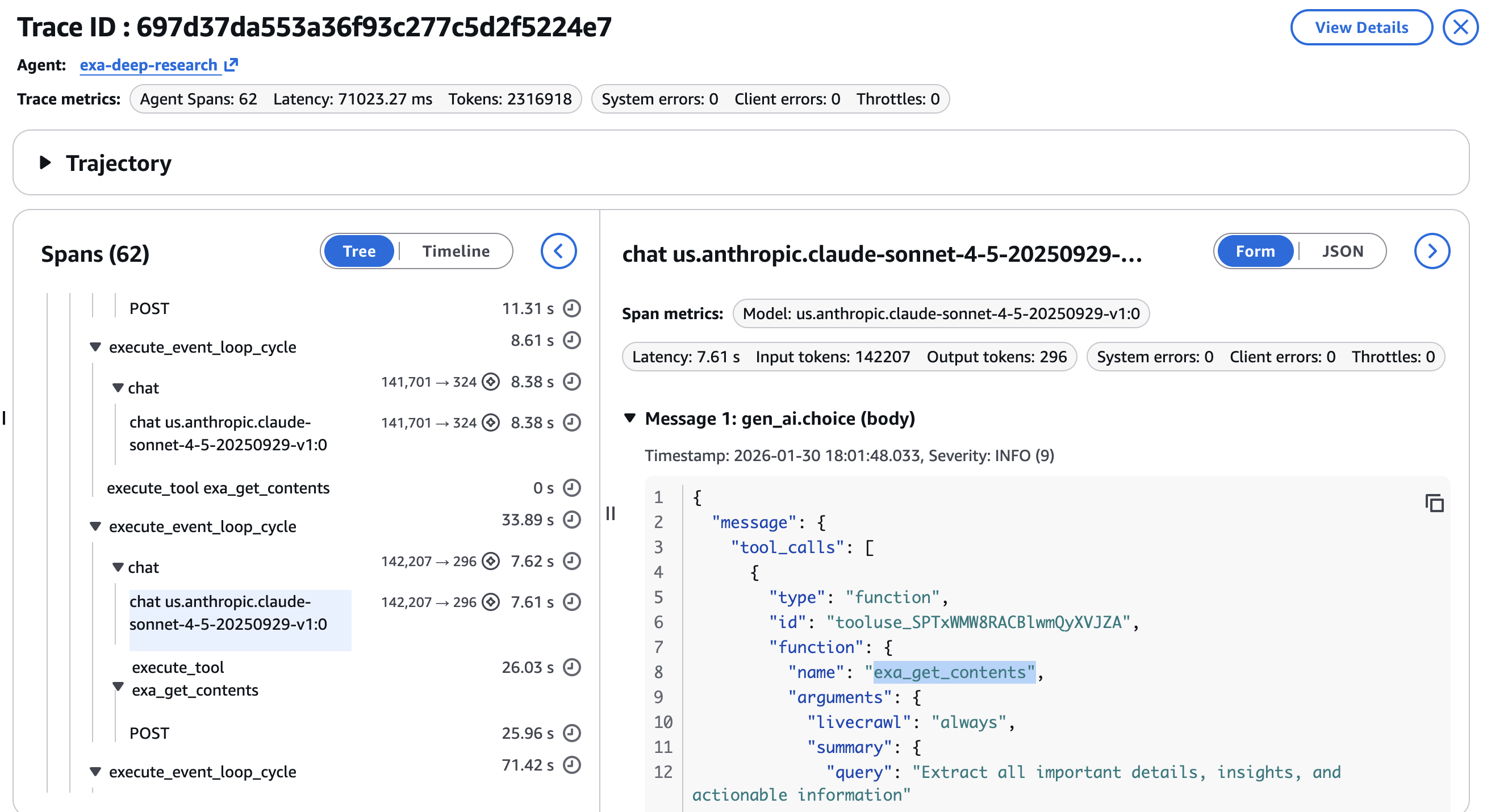 Trace Detail — Tool Call JSON Payload