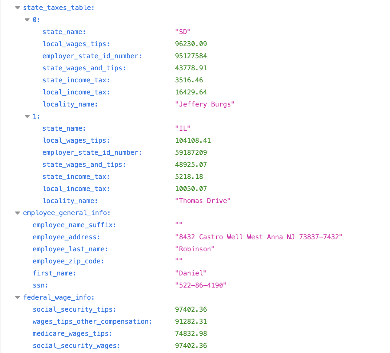 W-2 extraction results showing tax and code information in JSON format
