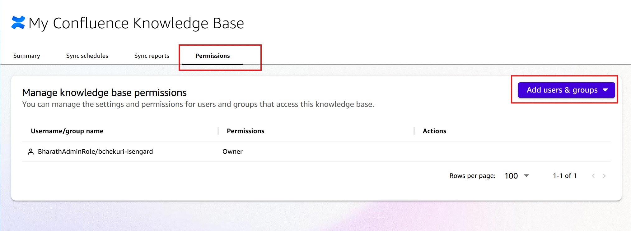 Screenshot of the Permissions tab on the 'My Confluence Knowledge Base' detail page in Amazon Quick. The 'Manage knowledge base permissions' section shows a table with a single user' listed with Owner permissions. An 'Add users & groups' button is prominently displayed in the top-right corner (highlighted with a red border). This image demonstrates how to manage access control and user permissions for a Confluence knowledge base in Amazon Quick.